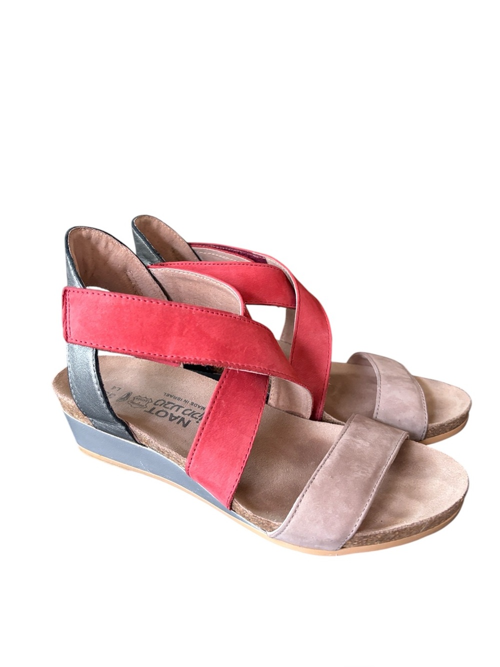 Naot Vixen Tri-Color Stone Brick‎ Red Sterling Wedge Suede Sandal Size 35